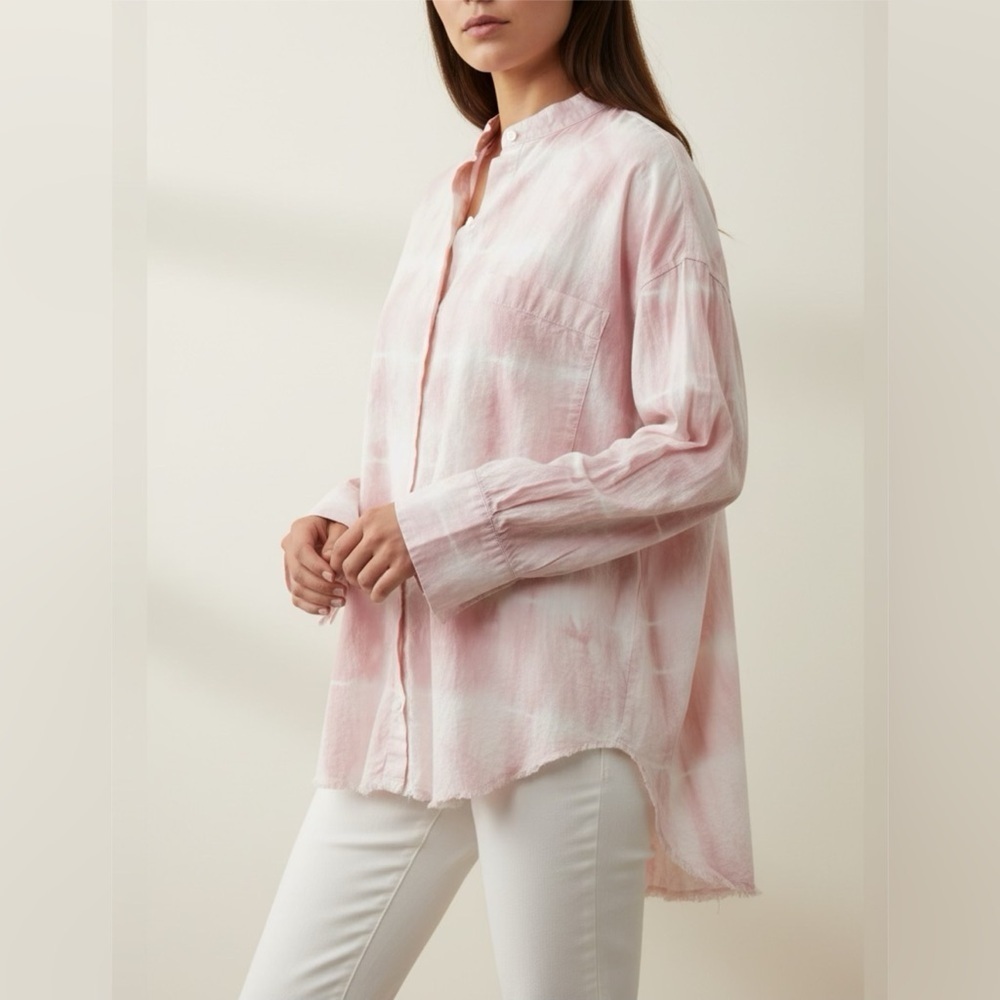 Zara Women’s Tie Dye Oversized Long-Sleeve Button Down Shirt Pink & White S